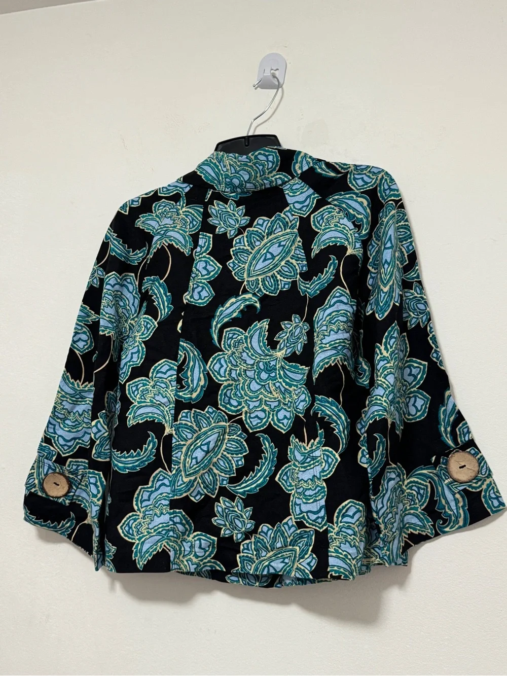 Jaclyn Smith Paisley Linen Blend Blouse Blue Black 3/4 Sleeve Women’s Pocket (S)